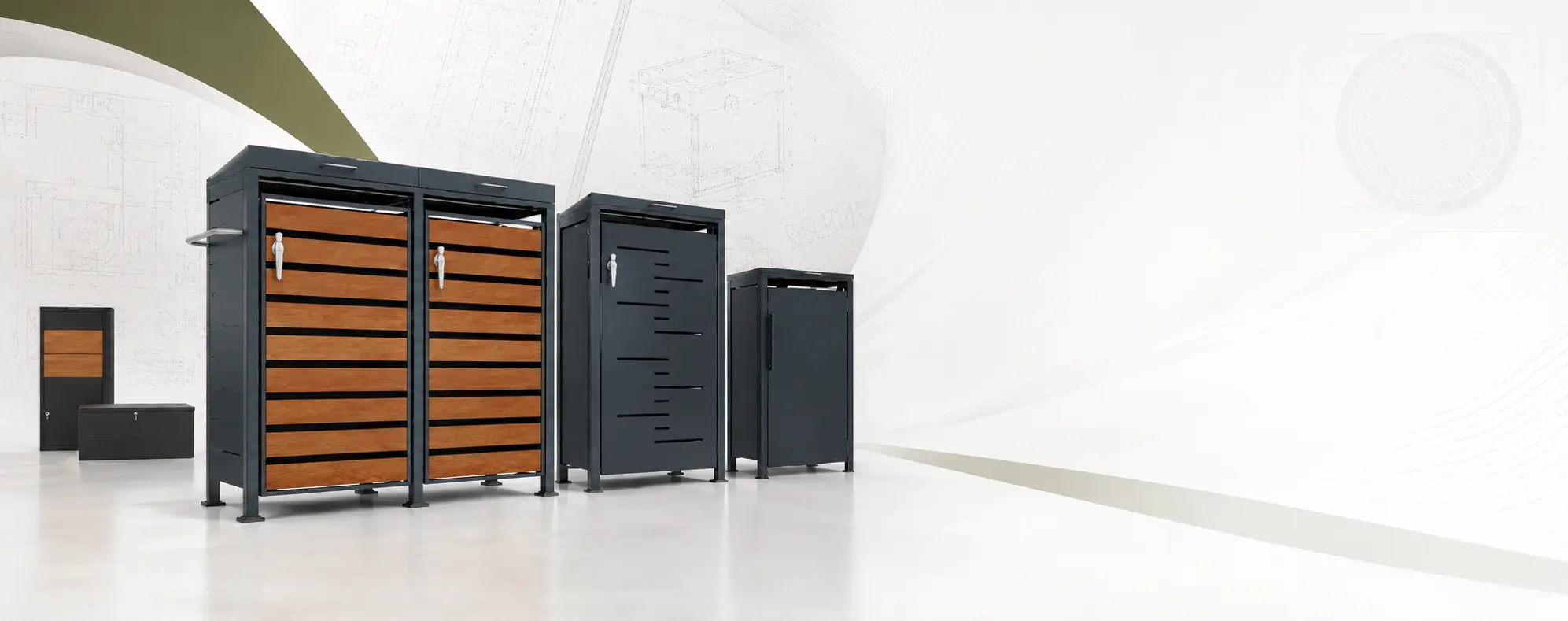 Patented outdoor storage products displayed with supporting patent certificate visuals